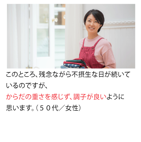 このところ、残念ながら不摂生な日が続いているのですが、からだの重さを感じずに調子が良いように思います。(50代・女性)