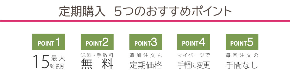 定期購入5つの特典　1・送料・手数料無料　２・最大13%OFF　３・追加注文も定期価格　４・同梱商品も送料無料　５・毎回注文の手間なし